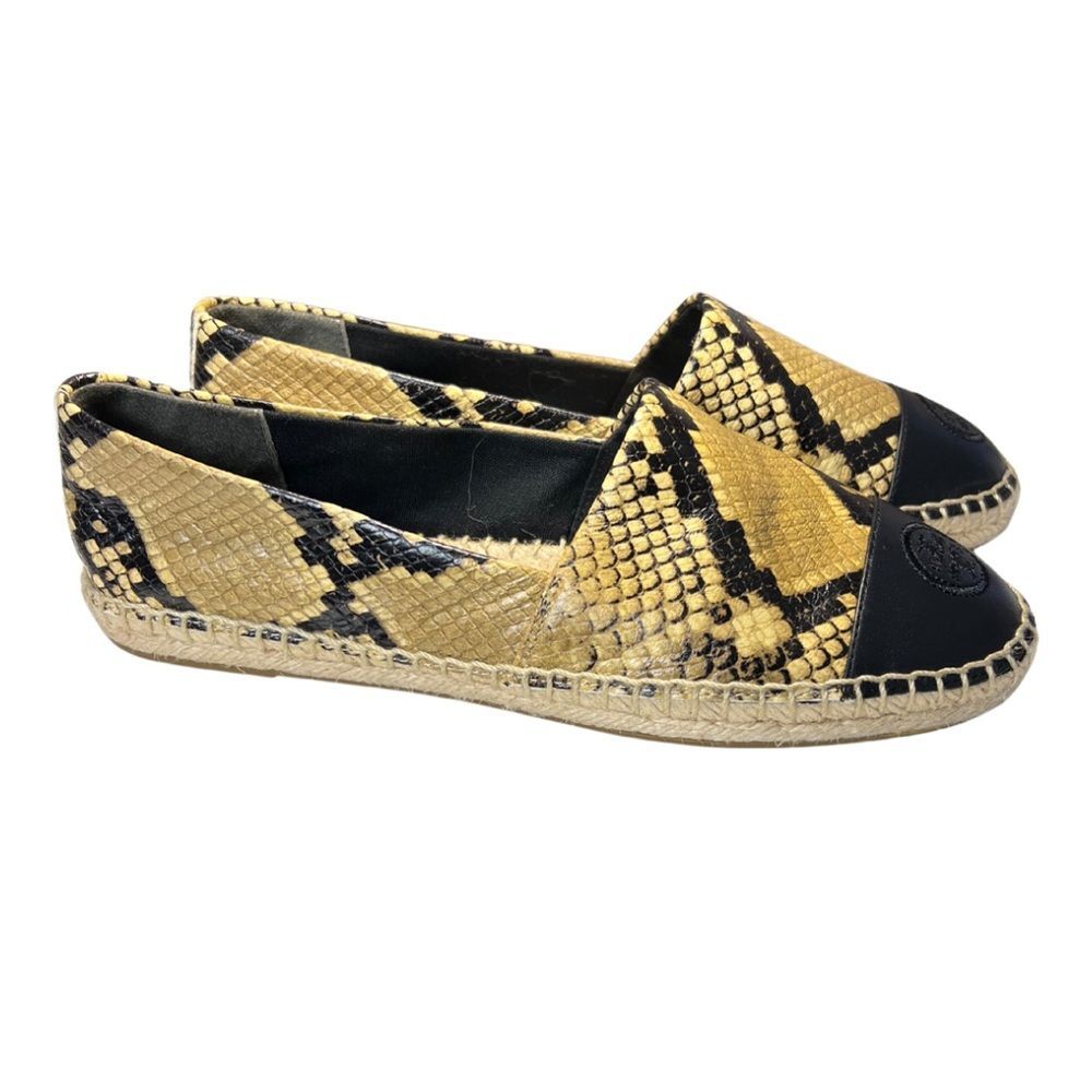 Tory Burch snake print embossed leather flat espadrilles size 7 color block